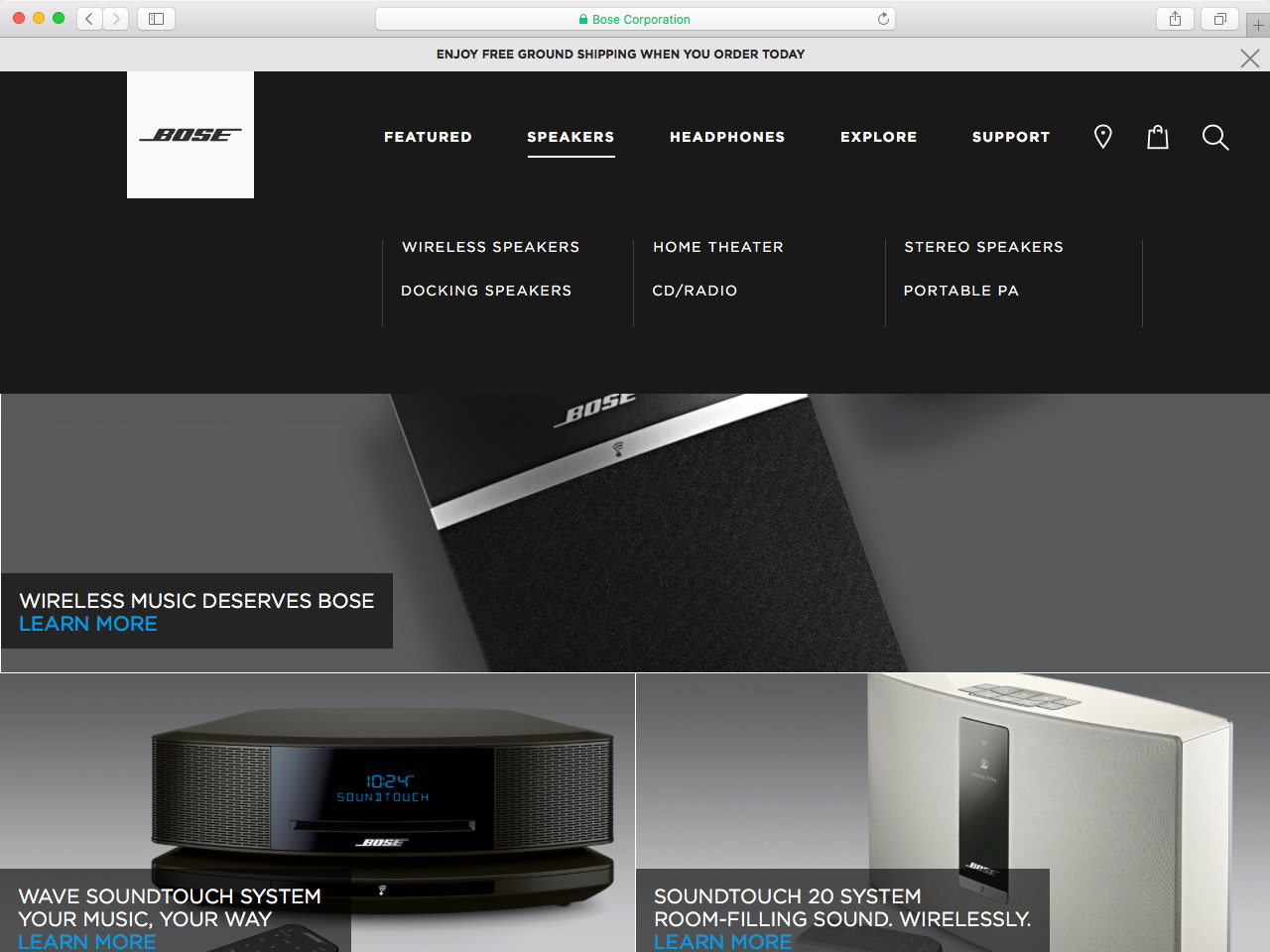 A real-world example of a drop down / rollover nav on the Bose website